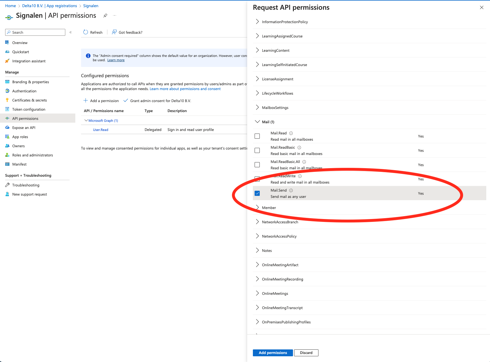Zoek de permissie Mail.Send